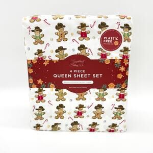 Gingerbread Baking Co Gingerbread Man Cowboy Christmas 4 pc QUEEN Sheet Set NEW